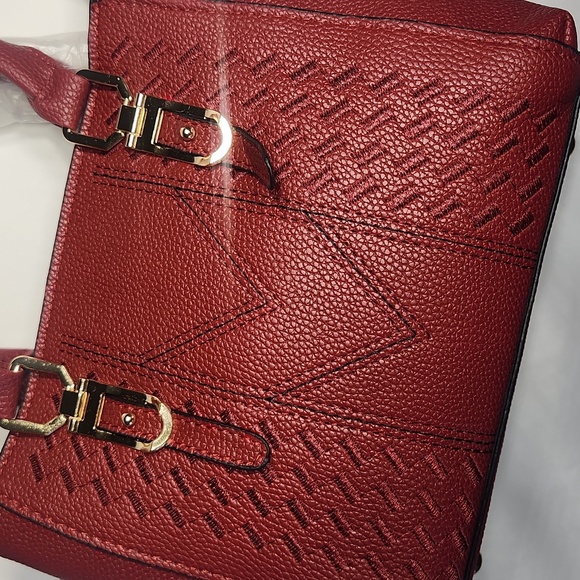 Red Faux Leather Satchel Handbag Purse – Double Zipper Compartments NWOT - Picture 2 of 6